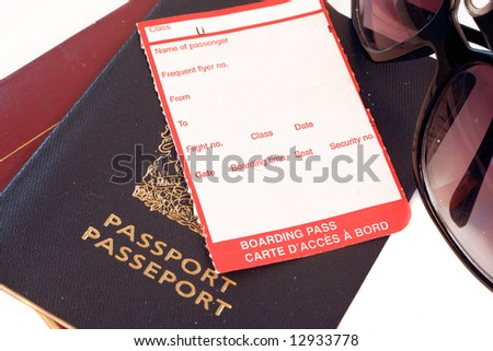 blank boarding pass on passport with sunglasses on white background