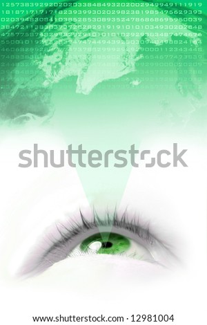 floating  green eye projecting the world and it\'s numbers