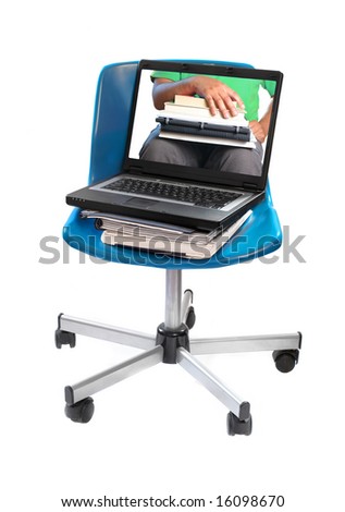textbooks, notebooks  and computer laptop on blue swivel chair with image of seated student  holding books showing online schooling