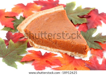 one piece of pumpkin pie on white plate surrounded by fall leaves