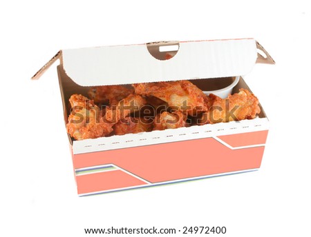 cardboard delivery box with crispy chicken wings and  honey garlic dipping sauce on a white background
