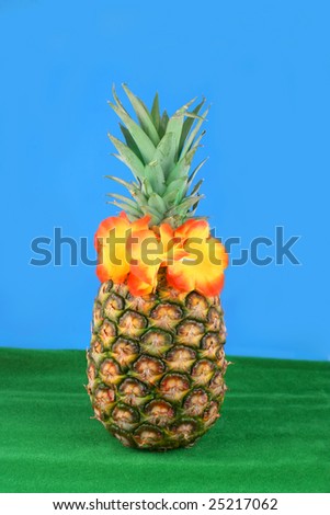 pineapple on grass with hawaiian lei and blue background