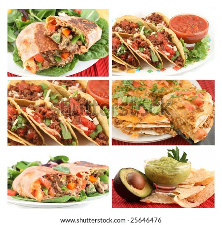 different images of various Mexican food dishes like burritos, tacos,nachos,guacamole, and fajitas