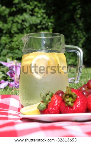 Pitcher of lemonade in jar with lemons, ice, on picnic blanket  trees in the background (focus on pitcher)