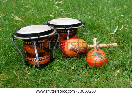 Colorful latin rhythm instruments, a set of bongo drums and a pair of maracas on green grass