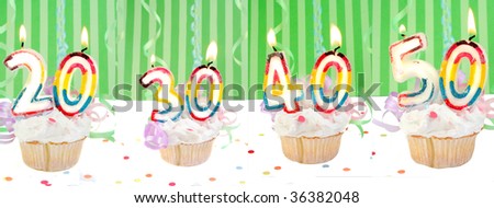 Celebratory birthday cupcakes with lit candles and numbers like twenty, thirty, forty, and fifty with confetti and green striped background