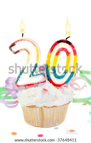 twentieth birthday cupcake with white frosting on a white  background