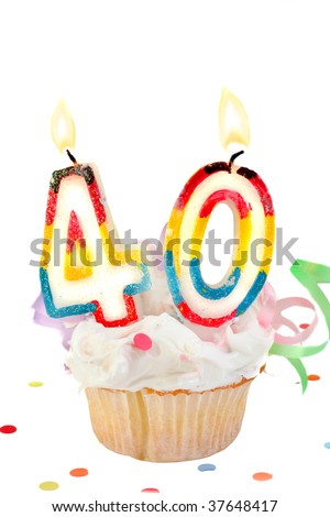 fortieth birthday cupcake with white frosting on a white background