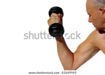 elderly man lifting weights on a white background