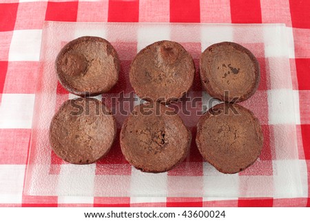 Small chocolate bite sized brownies on red checkered tablecloth