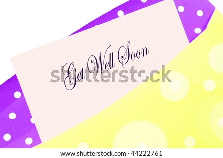Sending wellwishes with a get well soon  card, note or letter in yellow and purple polkadot envelope