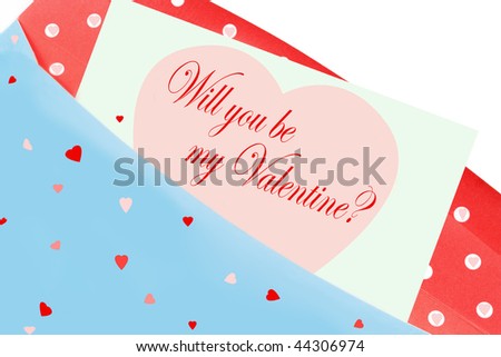 A romantic Will you be my valentine note, card or letter in blue and red  envelope