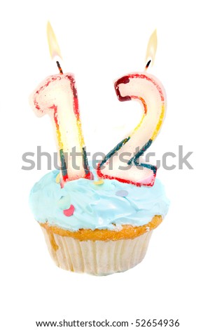 Twelveth birthday cupcake with blue frosting on a white background