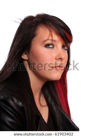 stock photo Pretty brunette teenage girl with red streaks in her hair and