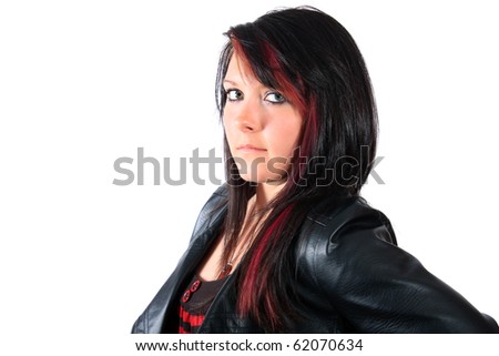 stock photo : Pretty brunette teenage girl with red streaks in her hair and 