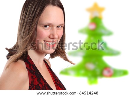 Whipped Delight Dress: Features a chic strapless cut with a finely shirred ... stock photo teen girl dressed up in party dress with colorful christmas tree in the background 64514248 Whipped Delight Dress: Features a chic strapless cut with a finely shirred ...