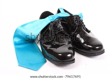 Black  White Tuxedo Shoes on Lace Up Formal Black Shoes With Light Blue Tie On A White Background