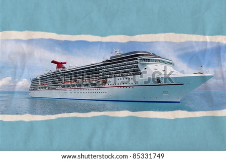 Textured ripped paper postcard of cruise ship in the clear blue Caribbean ocean