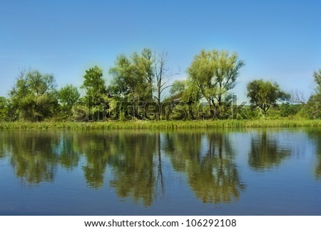 Green trees along river, East Europe
