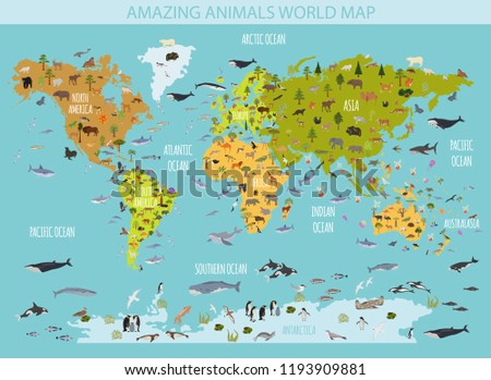 Flat world flora and fauna map constructor elements. Animals, birds and sea life isolated big set. Build your own geography infographics collection. Vector illustration