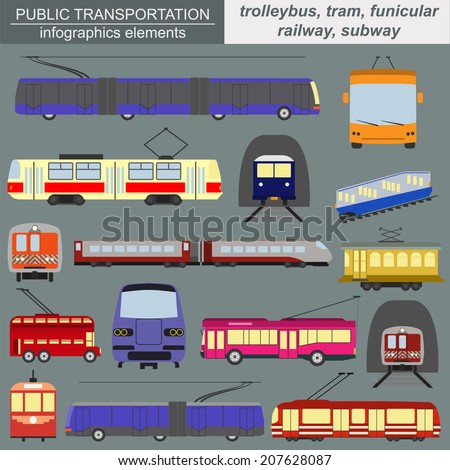 Public transportation icon infographics. Tram, trolleybus, subway. Vector illustration