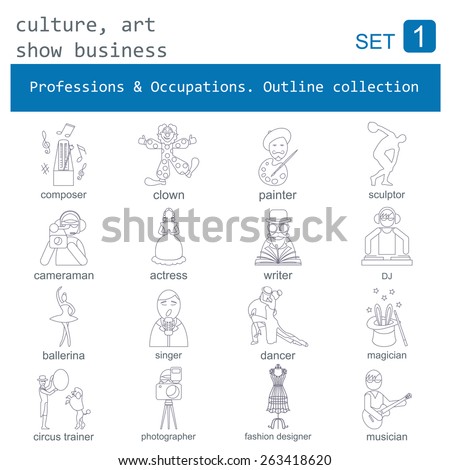 Professions and occupations outline icon set. Culture, art, show business. Flat linear design. Vector illustration