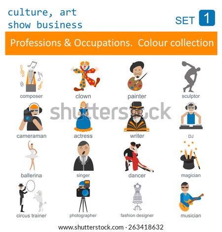 Professions and occupations outline icon set. Culture, art, show business. Coloured version. Vector illustration