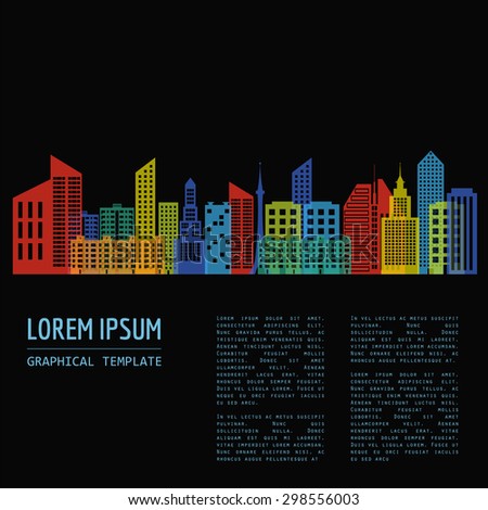 Cityscape graphic template. Modern city architecture. Vector illustration with different modern city buildings, office buildings, houses, entertainments.  Template with place for text. Colour version