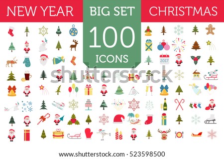Christmas, New Year holidays icon big set. Xmas decoration. Flat style collection. Vector illustration