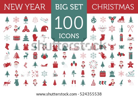 Christmas, New Year holidays icon big set. Red and green xmas decoration with angel, snowman, deer. Flat style collection. Vector illustration