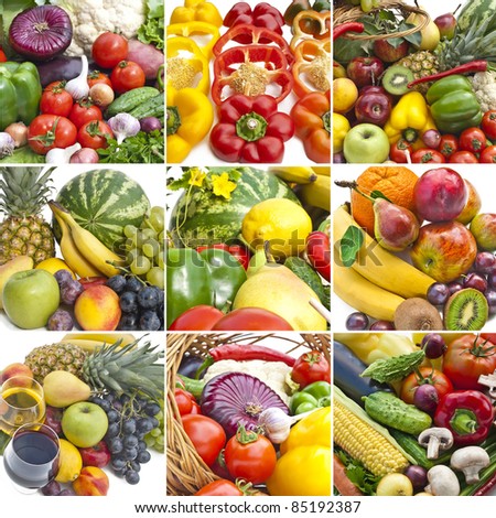 Multi picture of some group of fruits and vegetables close up