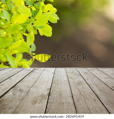 Wooden perspective floor with planks on blurred natural summer background, can use for display or montage your products template. Green forest with ray of light and bokeh. Copy space
