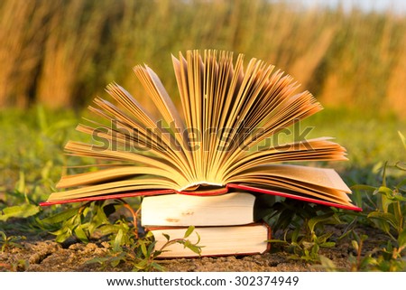 Opened hardback book diary, fanned pages on blurred nature landscape backdrop, lying in summer field on green grass. Books stacking. Copy space, back to school education background.