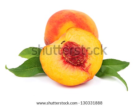 Sweet peaches with leafs on a white background Sweet peaches with leafs on a white background
