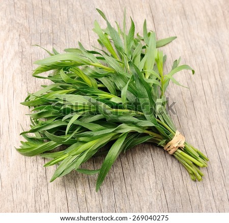 Tarragon herbs close up on wooden background.