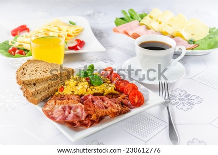 scrambled eggs and bacon on white plate