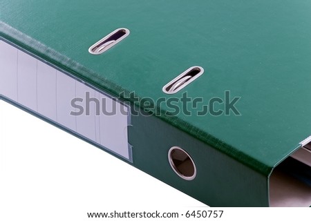 documents in green file binder on white background