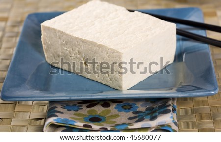 Block of Tofu on Turquoise Square Plate
