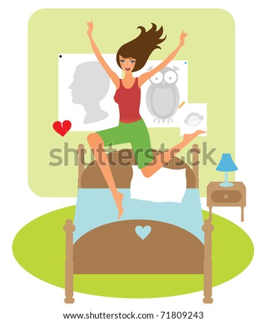 Happy Young Girl Jumping On Her Bed Stock Vector 71809243 ...