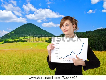 Business woman holding a blank paper, in nature