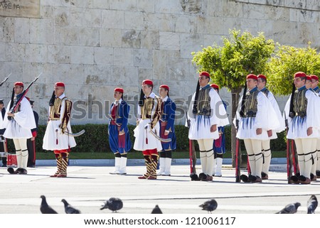 ATHENS,GREECE - DEC 2 :The Evzones - historical elite unit of the Greek Army that guards the Greek Tomb of the Unknown Soldier and the Presidential Mansion,December 2, 2012 in Athens,Greece