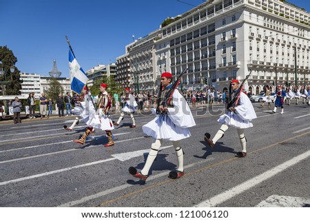ATHENS,GREECE - DEC 2 :The Evzones - historical elite unit of the Greek Army that guards the Greek Tomb of the Unknown Soldier and the Presidential Mansion,December 2, 2012 in Athens,Greece