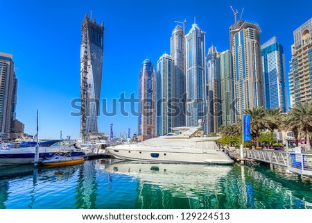 DUBAI, UAE - FEB 20: Dubai Marina the largest marina in the world,artificial canal city, carved along a two mile  stretch of Persian Gulf shoreline ,February 20, 2013 in Dubai, United Arab Emirates