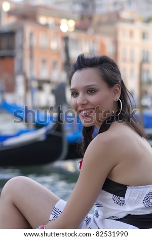 portrait of a beautiful woman smiling in Grand canal,Venice,Italy