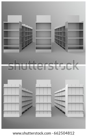 Aisle with Gondola Store Branding is a set of professional 3D renders on a studio background, created with a 3D model of a classic store aisles with gondolas, with filled , and empty shelves.
