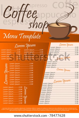 Coffee Shop Menu on Stock Vector   Coffee Shop Menu Template  Vector Illustration