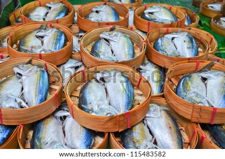 Fresh mackerel in basket in market, Thailand