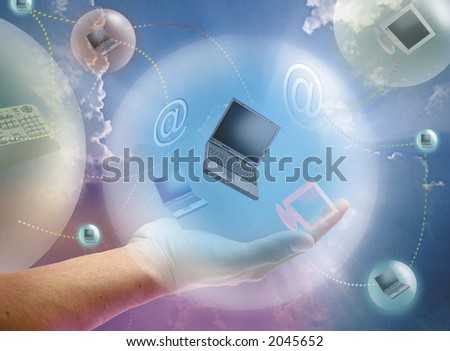 A hand holding computers inside a sfere, all over a colored background