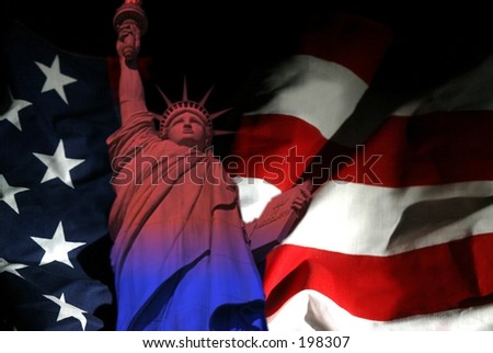 American Flag and Statue of Liberty in Red and Blue
