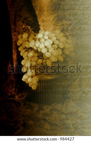 White Grapes in Sepia Tone with Abstract Script Writing Across